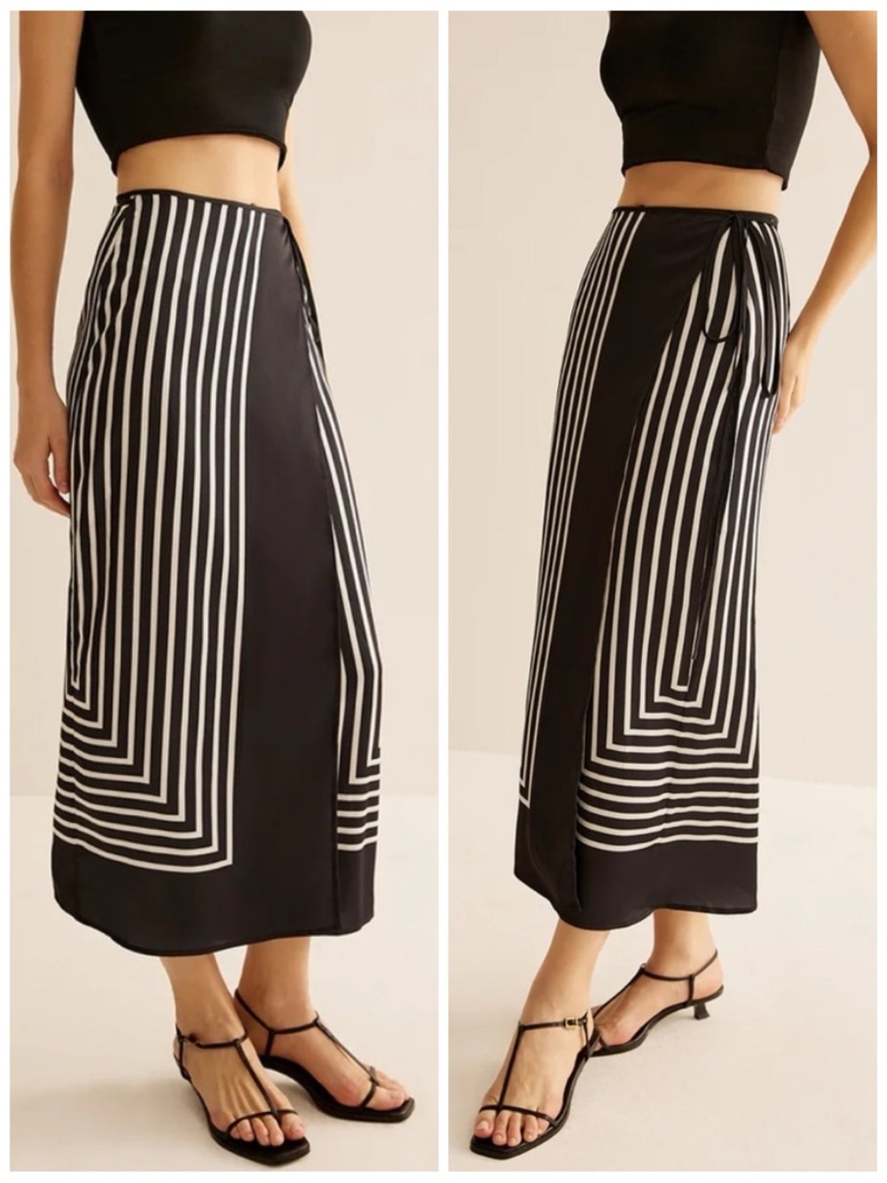 COMMENSE Women’s Size XS Black White Geometric Pinstripe Satin Wrap Midi Skirt